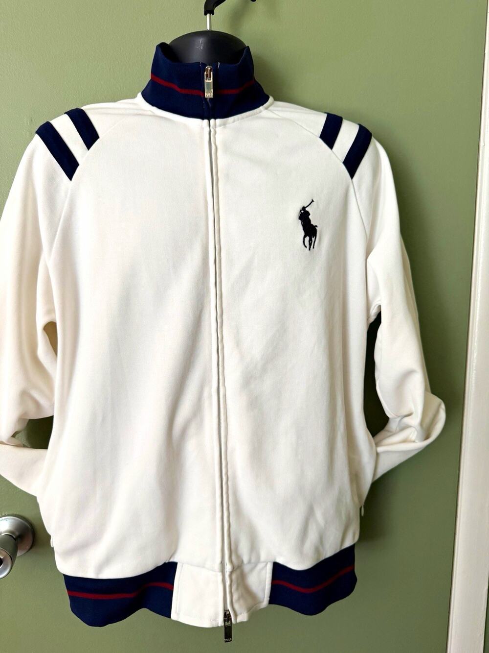 Polo Ralph Lauren Mens Track Jacket Size M White Navy Red Stripe Big Pony Zip
